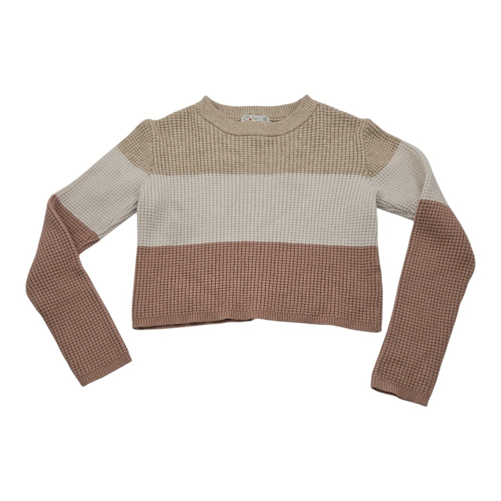 Poof Apparel Striped Waffle Knit‎ Cropped Sweater Women Size M Neutral Tones
